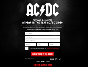 Tela do site de inscrição para o próximo clipe do AC/DC.