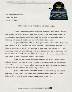 Comunicado da Atlantic Records. AC/DC. Brian Johnson. abril de 1980.