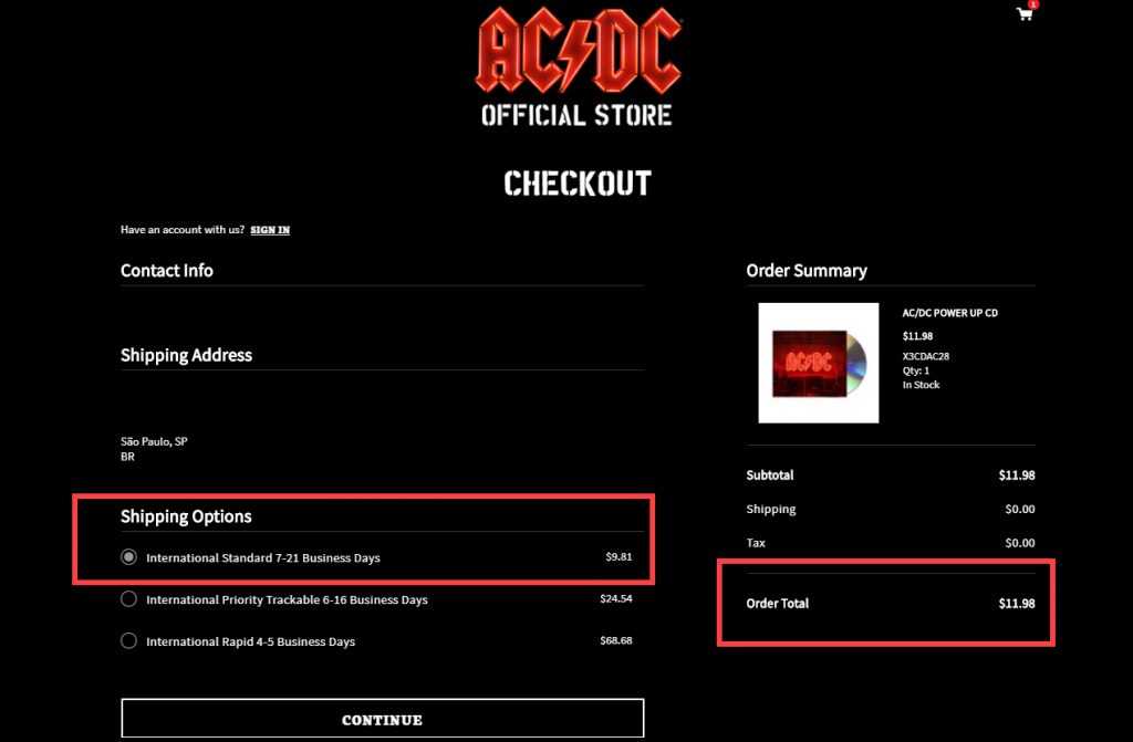 Custo do CD Power Up do AC/DC na loja oficial da banda